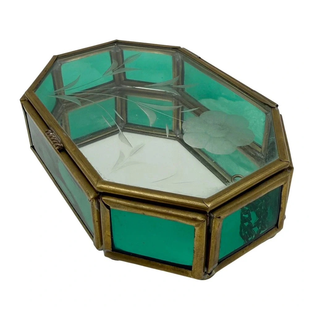 Vintage Emerald Green Glass Jewelry Trinket Box Etched Floral Brass Via Vermont